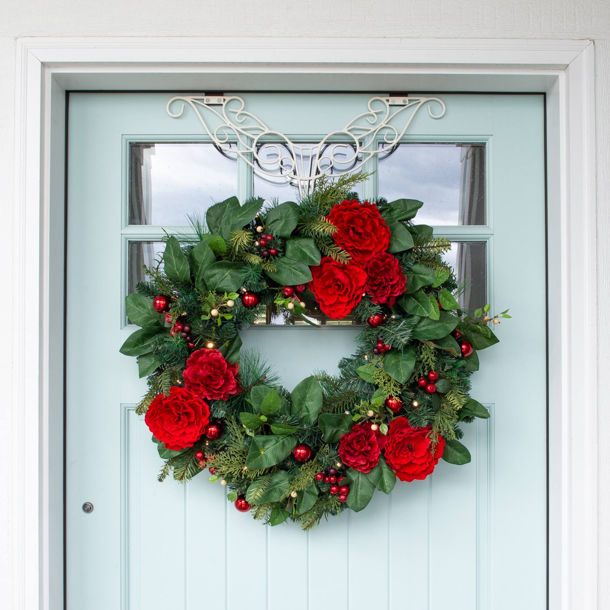Village Lighting 30" LED Red Peonies & Berry Wreath
